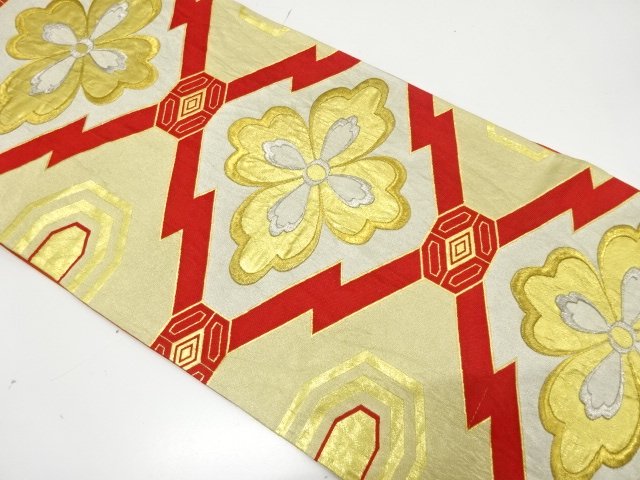 アンティーク　松皮菱に花菱模様織り出し袋帯（着用可）